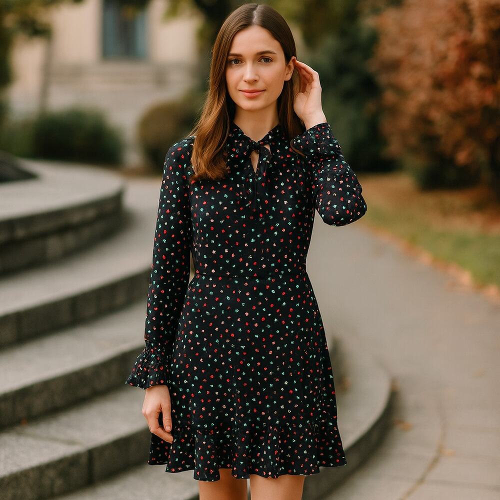 19 Cooper Star Print Tie Neck Dress Long Sleeve Ruffle Hem Lined Mini Size M